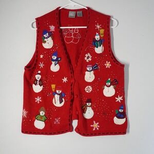 VTG Chandler Hill Christmas Vest Red Snowman Knit Sleeveless Sweater Holiday L